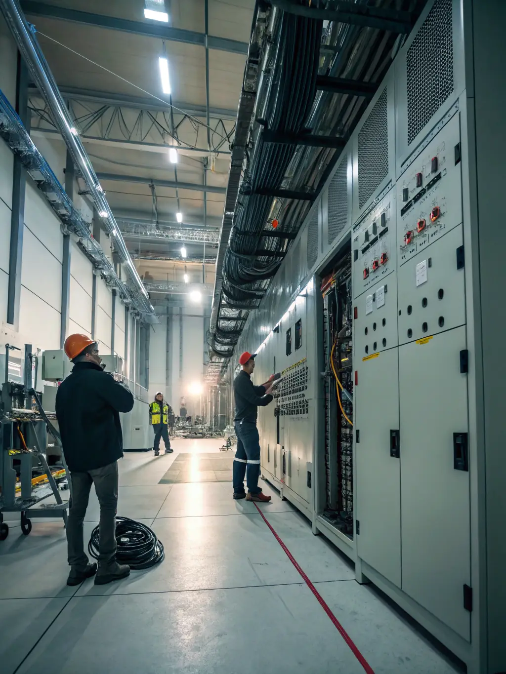 A vibrant image showcasing Akshayaguna Technologies' electrical infrastructure solutions, featuring a modern power distribution system in an industrial setting, emphasizing safety and compliance.