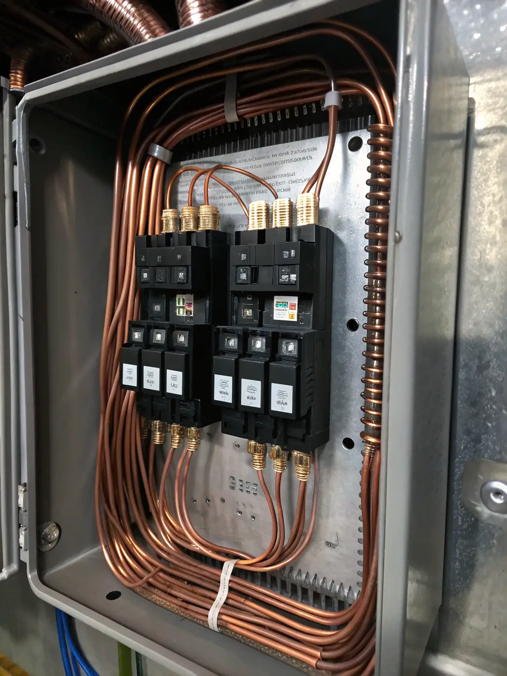 A high-resolution image of electrical panels and wiring installations in a large infrastructure project, showcasing Akshayaguna Technologies' expertise in electrical infrastructure.