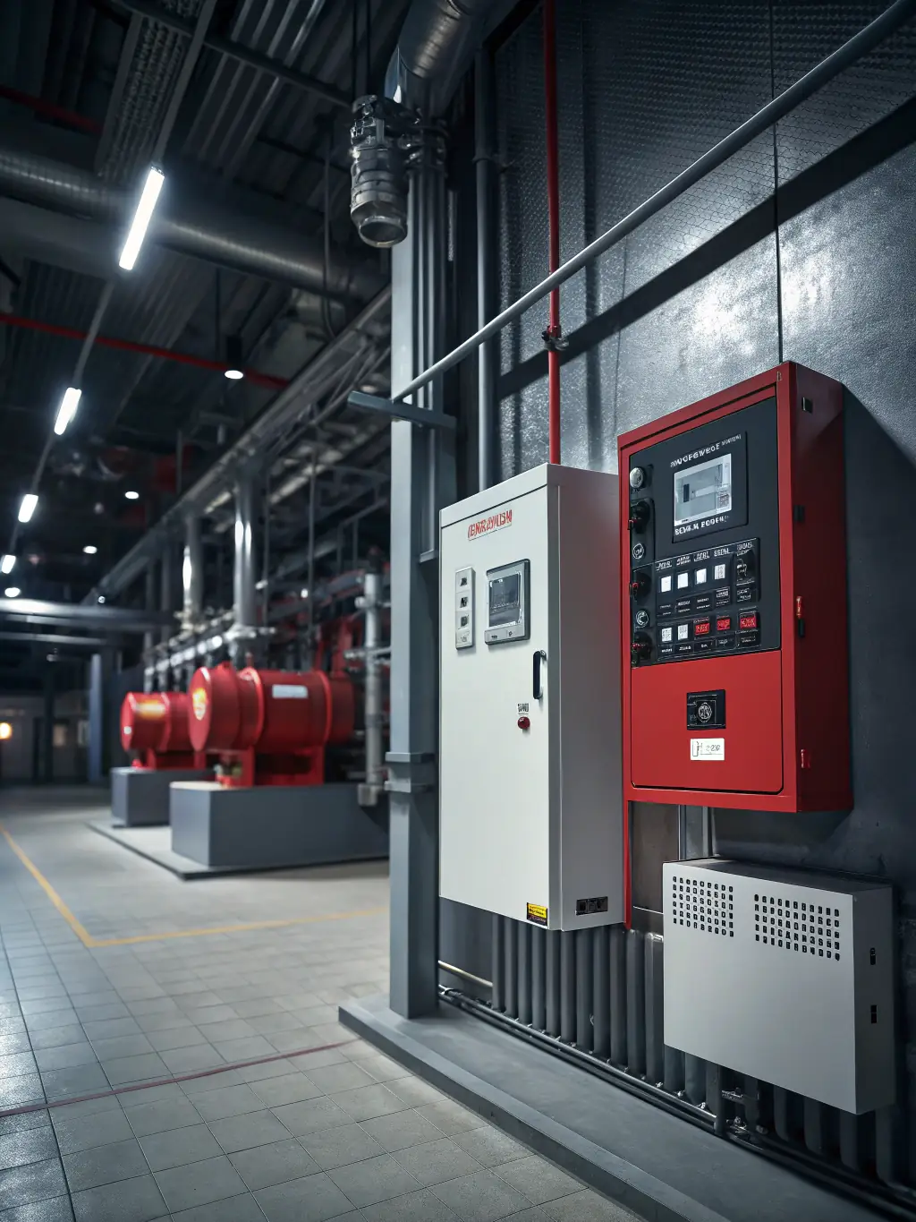 A dynamic image displaying Akshayaguna Technologies' fire and safety systems, showing advanced detection and suppression equipment installed in a commercial building, highlighting life and property protection.