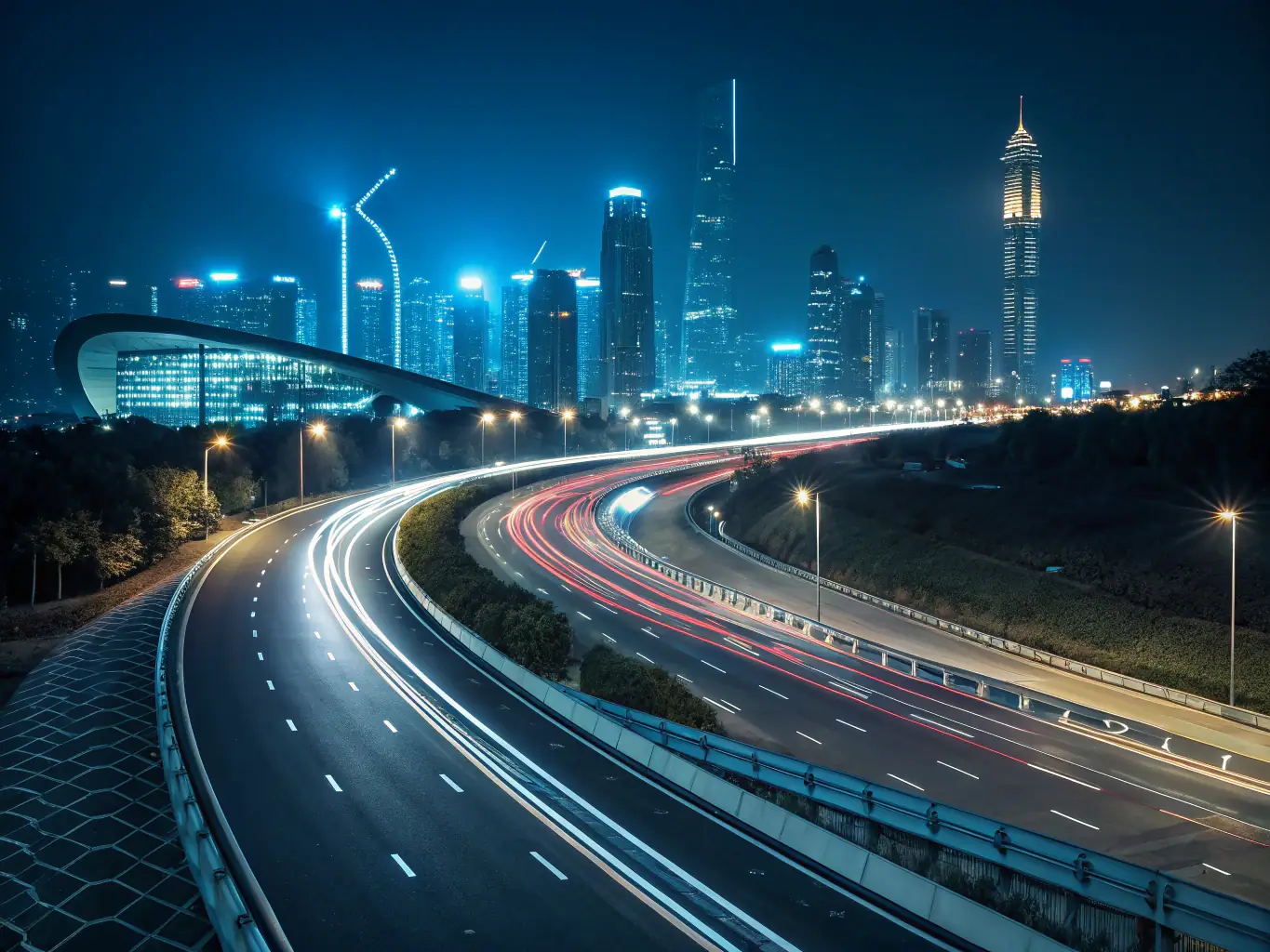 A well-lit highway at night with modern LED streetlights.