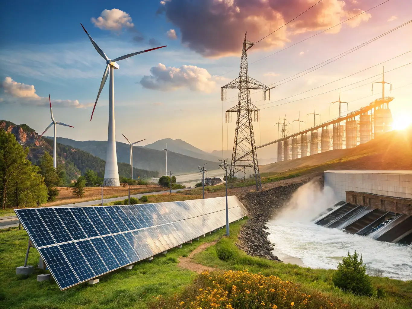 A wind turbine farm at sunset, generating clean energy.