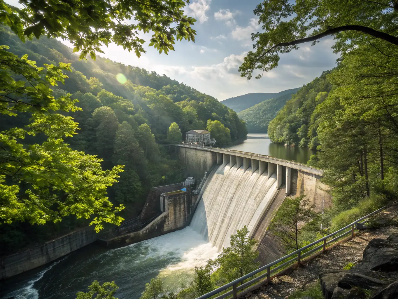 A large hydropower dam with water flowing through the turbines.