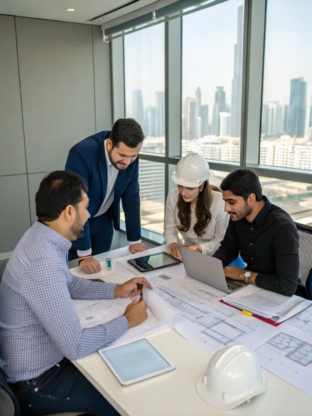 A professional photograph of Akshayaguna Technologies' engineering team collaborating on a project blueprint, showcasing their expertise and teamwork.