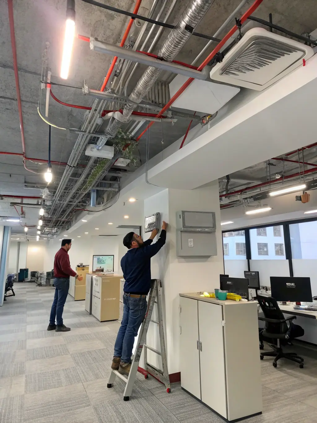 An image of cable trays installed along a building ceiling with organized wiring, showcasing Akshayaguna Technologies' cable management solutions.