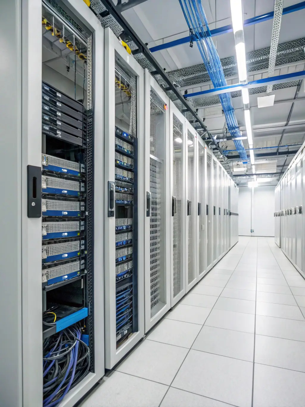 A detailed image showcasing Akshayaguna Technologies' cable trays and conduits, displaying organized and safe cable management in a data center, highlighting durability and safety.