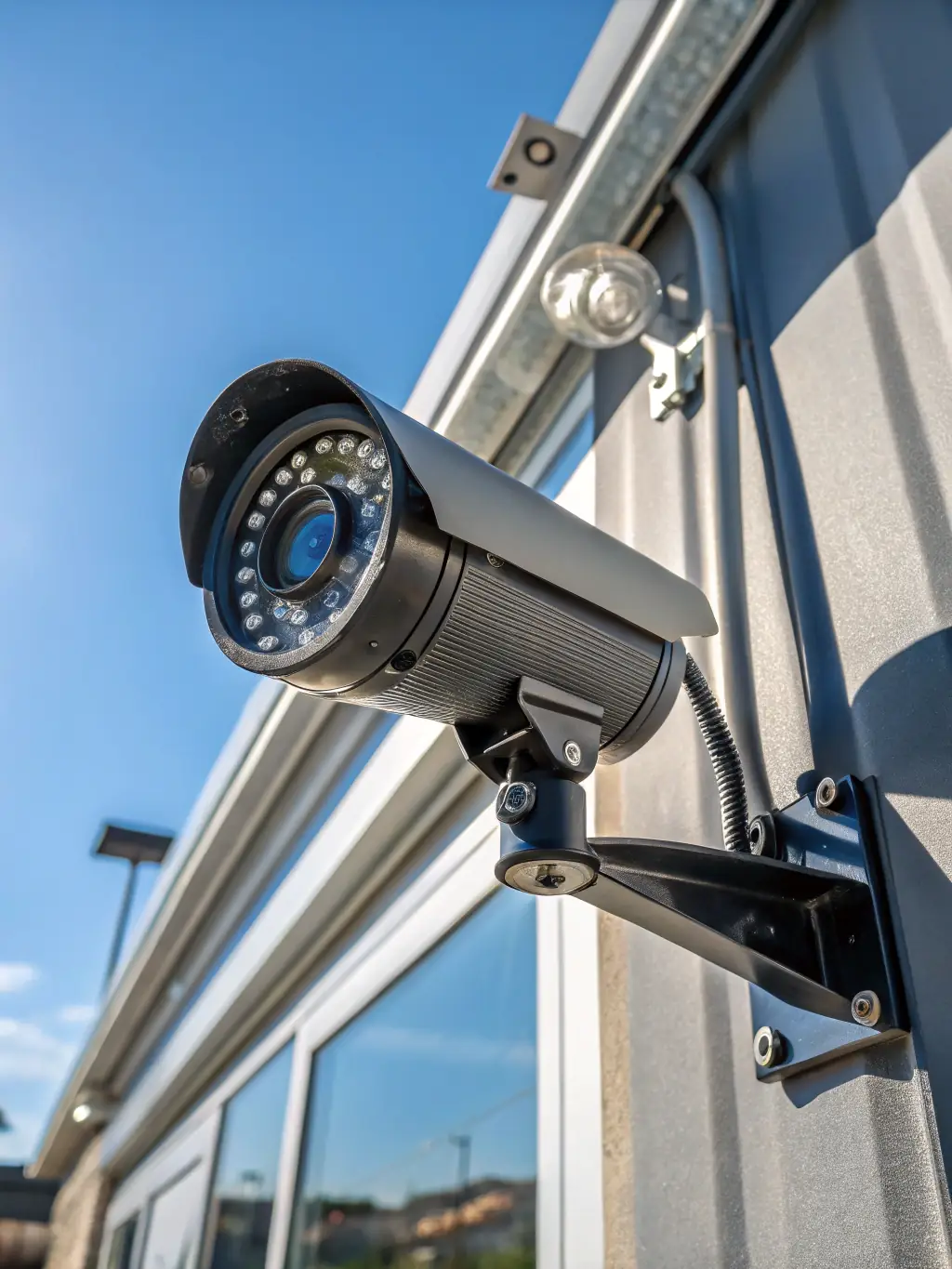 A high-resolution image illustrating Akshayaguna Technologies' CCTV and security solutions, featuring a surveillance system monitoring a large industrial complex, emphasizing security and access control.