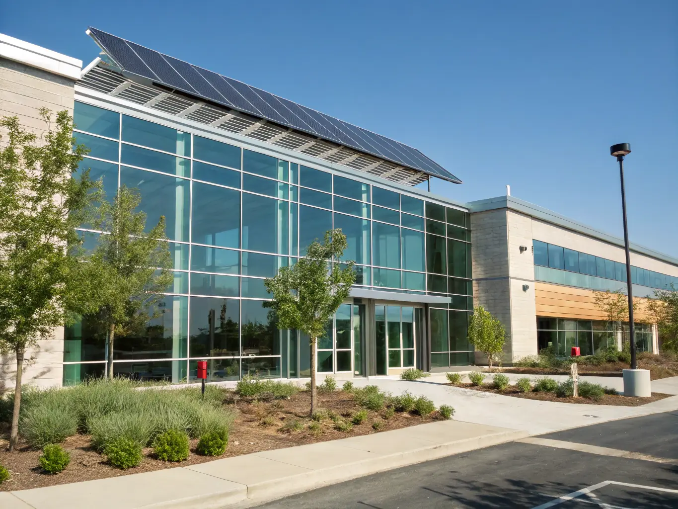 A modern commercial building with glass facade and electrical infrastructure.